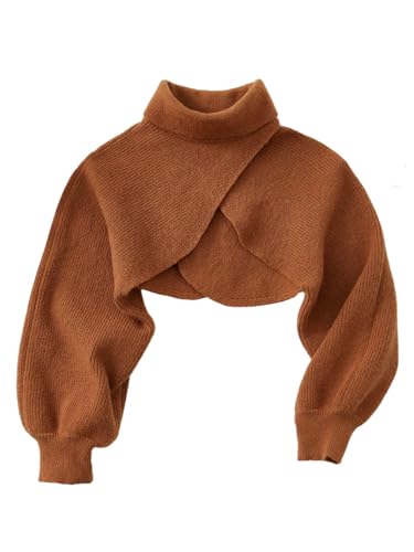 MakeMeChic Girl's Wrap Cropped Sweater High Neck 3/4 Sleeve Fall Y2K Knitted Pullover Tops