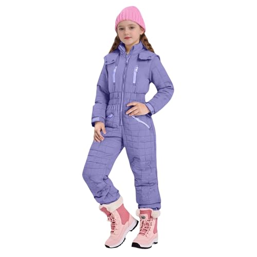 Generic - Snowsuit for Girls Insulated One Piece Ski Jumpsuit Winter Waterproof Hooded Snow Suit Teen (Light Violet, 5-6 Years)