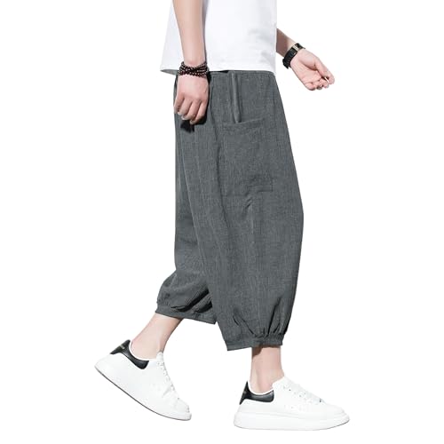 Tripleberly Men's Capri Pants Wide Leg Baggy Harem Pants Drawstring Elastic Waist 3/4 Yoga Shorts with Pockets4