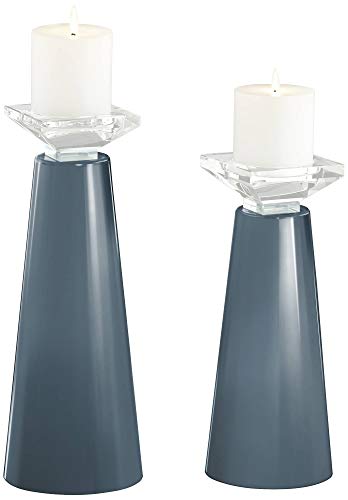 Color + Plus Meghan Smoky Blue Glass Pillar Candle Holders Set Of 2 #TOP1