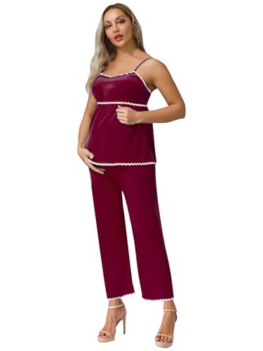 Fldy Traje de maternidad de verano con tirantes delgados de cami top elástico pantalones anchos juego de 2 para tiempo libre entrenamiento, Rufous, L