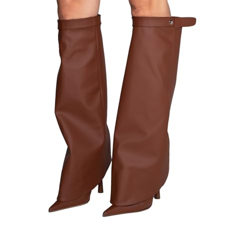 Image of Goolita Fold Over Boots For Women, Pointed Toe Stiletto Heel Knee High Boots Fashion Comfortable Slip On Tall Boots
