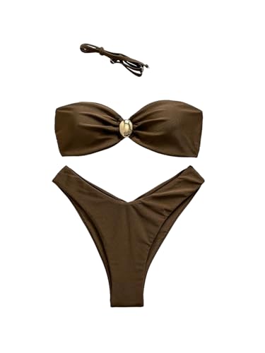 GORGLITTER Women's Strapless Metal Swimsuits Cheeky Ruched High Waisted Bikini Sets Bandeau Cute Tankini Bathing Suit