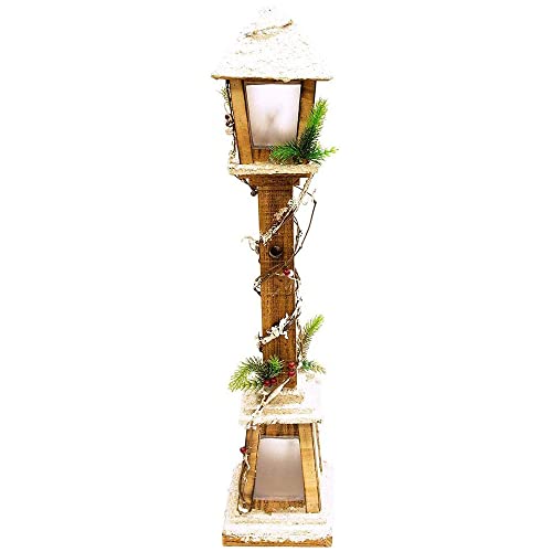 Lampione Natalizio in Legno h. 61 cm Bianco innevato con Luci LED Base 12x12cm Alimentazione a Batteria Decorazione Natalizia Babbo Natale