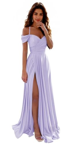IIF Women's Cold Shoulder Satin Bridesmaid Dresses Long Prom Dress with Slit Formal Party Dress for...