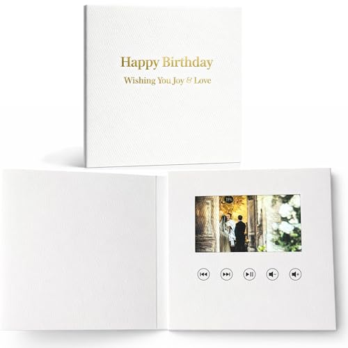 Sourcingbay 4.3-Inch Video Greeting Card, USB-C Rechargeable, Auto-Play on Open,Built-in Speaker, 256MB Memory, Leather-Texture White Cover with 3D Stickers Included