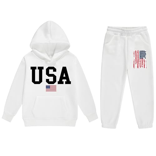 Image of Vivimeng Boys USA Sweatshirt Suit Kid USA Hoodie Set American Flag Sweater Girls American Hooded Pullover Suit