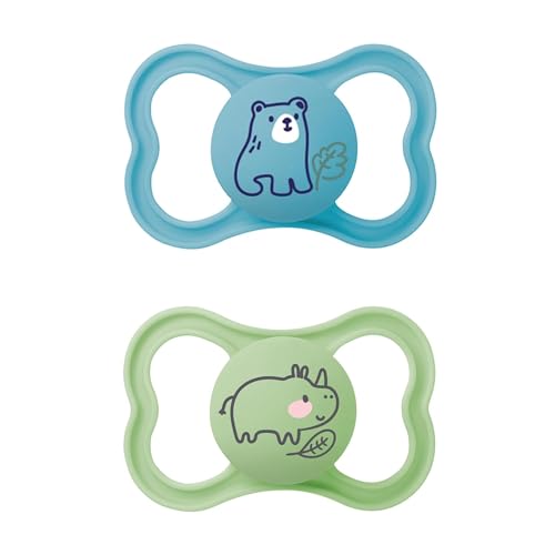MAM Air Silikon Schnuller im 2er-Set, extra leichtes und luftiges Schilddesign, zahnfreundlicher Baby Schnuller aus speziellem MAM SkinSoft Silikon mit Schnullerbox, 6-16 Monate, Bär/Nashorn