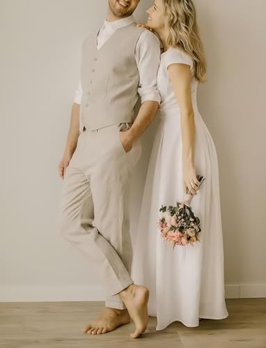 Men's Casual Linen Suit Set 2 Piece Slim Fit Beach Wedding Suits Prom Groomsmen Tuxedos Vest Pants3
