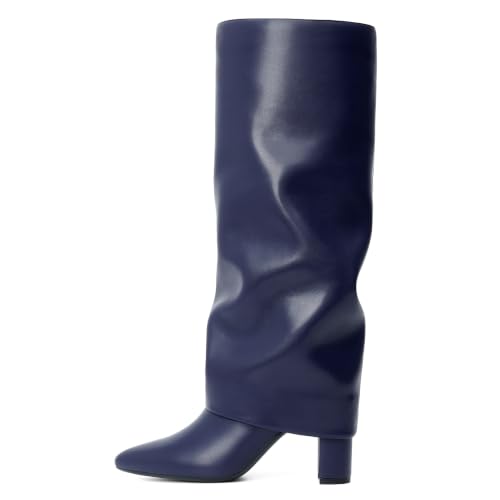 Image of Knee High Boots Women Fold Over Boots Chunky Heel Pointed Toe Tall Boots | Fashion Slouchy Boots,Side Zipper Shark Boots,Fall Spring Winter Fashion Dress Tall Boots,Evening Bridal office Long Boots