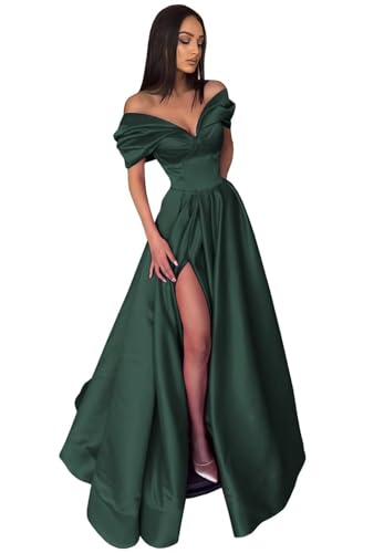 Image of Pleated Off The Shoulder Satin Prom Dresses for Women, Formal Evening Gowns Cocktail Party Dresses with Slit&Pockets