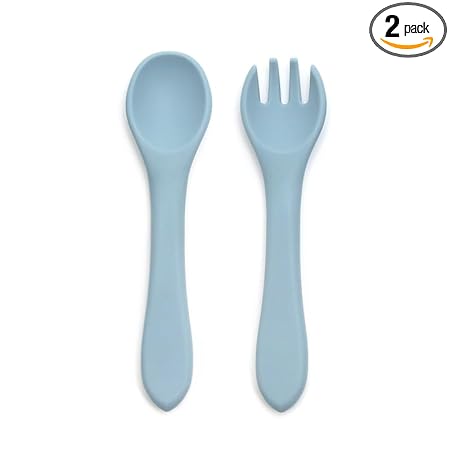 KIDS STATION 2pcs Food Grade Silicone, BPA-Free & Microwave Safe Baby Feeding Spoon and Fork, Training Feeding Spoon & Fork Set, (Blue)