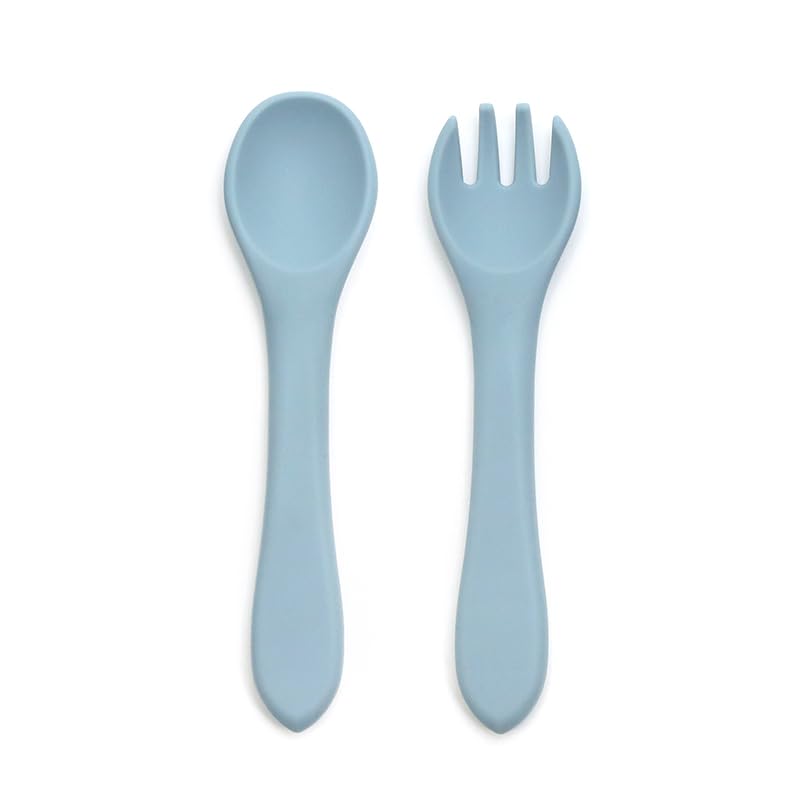 Kids Station 2 Piece Microwave Safe Silicone Baby Feeding Set -Fork - Spoon - Make Mealtime Fun and Easy for Your Little One - Portable and Diaper Bag Friendly - Baby Feeding Product (Blue)
