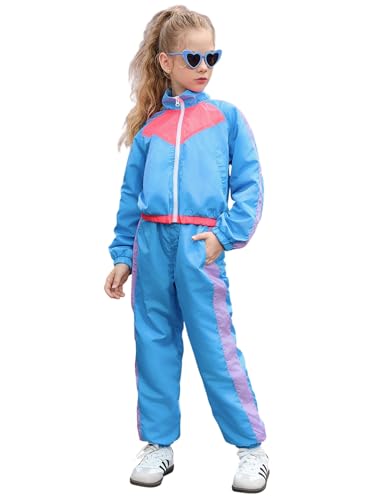 Perfashion 80S Outfit for Kids Neon Blue 2 Piece Clothing Sets Tracksuit Hip Hop Dance Jacket Jogger Size 8 10