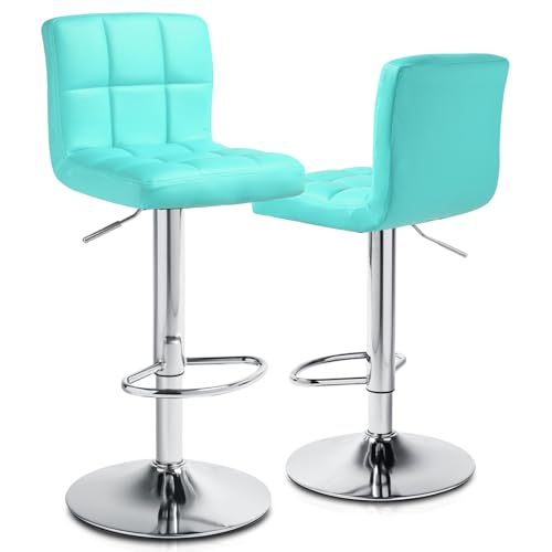 Magshion Bar Stools Set of 2, Adjustable Kitchen Island Chairs Counter Height Barstools Swivel No Armrest PU Leather Chair,Tiffany Blue