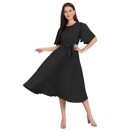 Image of KUDUZO Women's Crepe Long Pleated Below Knee Length Flutter Sleeve Round Neck S to XL Maxi Dress for Girls. (EG-U0IM-B9A1)