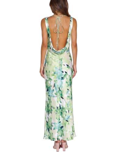 Image of KOUNAI Satin Backless Formal Maxi Dresses for Women Wedding Guest | Silk,Cowl Neck,Drape Neck,Open Back,Sleeveless,Tie Back,Elegant,Cocktail,Bridesmaid,Beach,Vacation,Party,Graduation,Midi