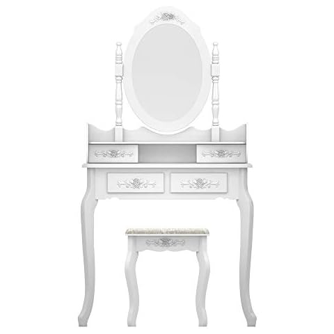 CooFel Vanity Table Set with 4 Drawers, Makeup Table with Oval Mirror & Stool, Dressing Table Set for Bedroom Wood White Cover