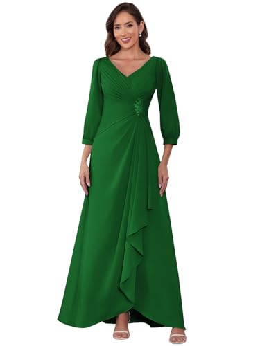 Women's Long Ruched Chiffon Mother of The Bride Dresses for Wedding 3/4 Sleeve Evening Formal Gown with Ruffles