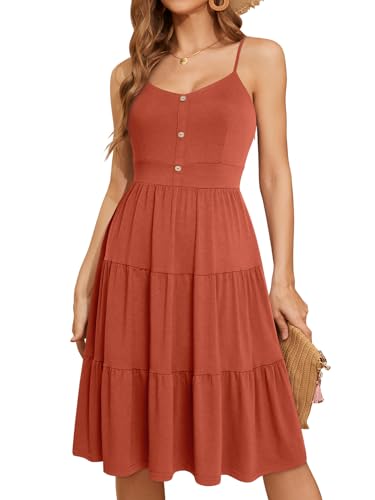 Image of YATHON Sundresses for Women Casual Summer Beach Sleeveless Spaghetti Strap Dress Button Down Ruffle Flowy Pleated Dresses