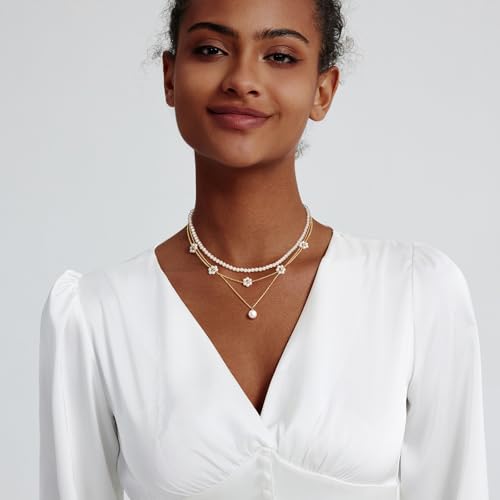 Image of Zeffy Gold Pearl Necklace for Women, Dainty 14K Gold /Silve Plated Layered Pearl Choker Pearl Earrings Pearl Bracelets Wedding Trendy Gold Jewelry Set for Women Gifts