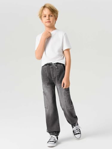 Haloumoning Boys Denim Cargo Pants Kids Elastic Waist Stretch Cargo Jeans with Pockets 5-14 Years2
