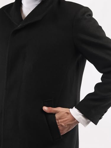 Image of CHKOKKO Men Stylish Long Winter Coat Single Breasted Thigh Length Overcoat with Elegant Spread Collar & Practical Front Side Pockets for Formal or Semi-Formal Occasions