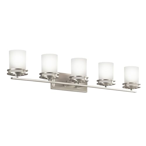 Image of Kichler Hendrik 43 inch Vanity Light in Brushed Nickel, 5-Light Modern Bathroom Vanity with Satin Etched Cased Opal Glass, (43 inch W x 7.75 inch H), 5085NI