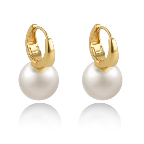 Pearl Earrings for Women Dainty 18K Gold Plated 925 Sterling Silver Drop Earrings Pearl Dangle Huggie Hoop Earrings Wedding Jewelry for Women Gifts