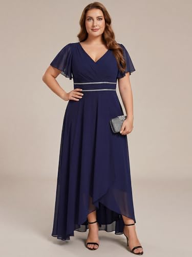 Image of Ever-Pretty Plus Women's Chiffon V-Neck Beading Ruffles Sleeves Maxi High Low Plus Size Formal Dresses