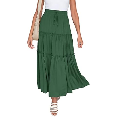 NASHALYLY Skirts for Women Boho Elastic Waisted Drawstring Swing Ruched 3 Tiered Maxi Skirt with Pockets, Forest Green, Medium Cover