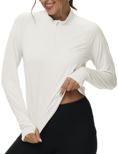 BGOWATU Women's 1/4 Zip Pullover Athletic Shirts Long Sleeve UPF 50+ Sun Shirt Lightweight Golf Workout Hiking Running Tops White M