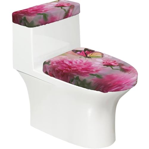 Lot de 2 housses extensibles pour abattant de WC et réservoir de toilette avec fond élastique, motif papillons, pivoines roses, fleurs sur le lac, pour salle...