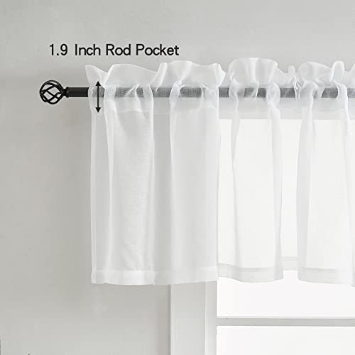 White Sheer Valance Curtains For Windows, 18 Inch Length Semi Sheer Linen Look Rod Pocket Window Valances, 2 Panels Kitchen Curtain Valances For Bathroom/Basement/Dining Room/Bedroom, 52X18 Inch #TOP3