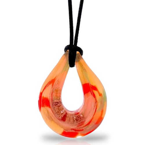 Besheek Handmade Murano Inspired Blown Lampwork Amber Teardrop Glass Necklace Pendant Handcrafted Artisan Hypoallergenic Italian Style Jewelry cover