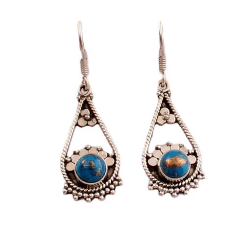 Boucles d'oreilles turquoise bleue naturelle argent 925 pierre ronde pendante unisexe