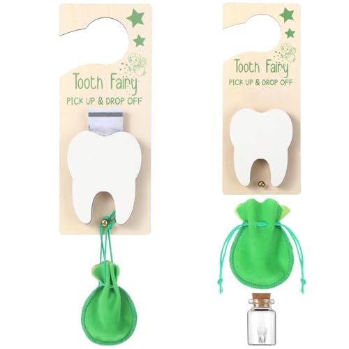 Image of DoubleFill Fairy Tooth Gift Holder Bag Door Hanger Lost Teeth Keepsake Box Tooth Fairy Kit Stores Back to School Gift for Lost Teeth Boy Girl Primary School Classroom Gifts(Classic,Green)