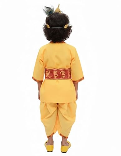 Image of BookMyCostume Cotton Krishna Dress For Baby Boy|Print Shri Krishna Costume For Kids With Patka,Flute,Mukut & Mala|Janmashtami Photoshoot Outfit|Fancy Dress Roleplay Costume For Kids|6-12 Months