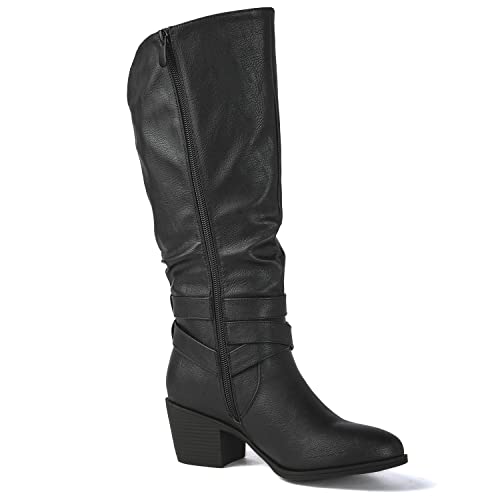 Image of GLOBALWIN Women's Knee High Cowboy Boots - Minimalist Western Round Toe Cowgirl Boots with Comfortable Block Heel, Plain Sleek Design, Tall Dress Boots for Women