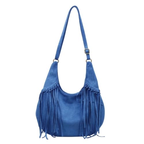 Women's Frosted Fringe Hobo Bag, Suede Leather Fashion Underarm Shoulder Purse, Novelty Tassel Bucket Crossbody Bag