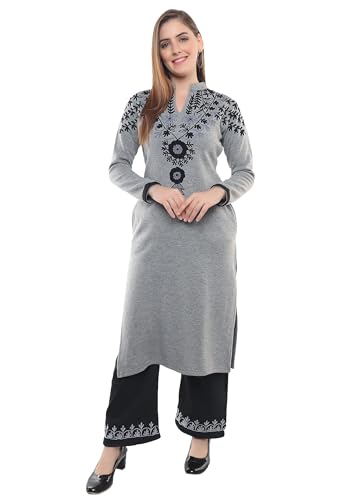 Image of Rosary Women's Woolen Winter Embroidered Kurta with Palazzo | Warm Ethnic Suit Set - 2 Piece Outfit