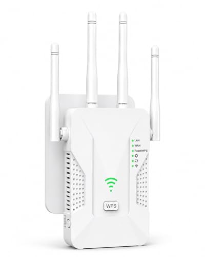 WLAN Verstärker, 300 Mbit/s WLAN Repeater, Signalverstärker mit 4 zylindrischen Antennen für 5500 sq.ft & 55 Geräte, Dual Ethernet Port (WAN/LAN), WPS-Taste, Plug & Play, EU-Stecker, Weiß