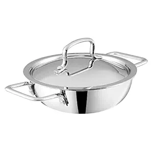 Kraft - Futuretec Triply Stainless Steel Kadai 1.1 litres | Extra Deep Kadhai | Flat Induction Bottom with Stainless Steel Lid 18 cm - Silver (Gas and Induction Friendly)