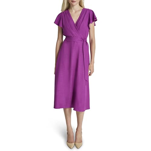 Image of DKNY Women's Flutter Sleeve Tie Fit & Flare Midi Dress
