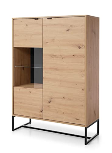 mb-moebel Buffet Haut Vitrine de Salon avec 2 Portes et Éclairage LED Armoire à Commode Meuble Rangement pour Salle Manger Pied en Metal Chêne Artisan Aspect Bois - 93x133x39 cm KERI KWT93 Cover