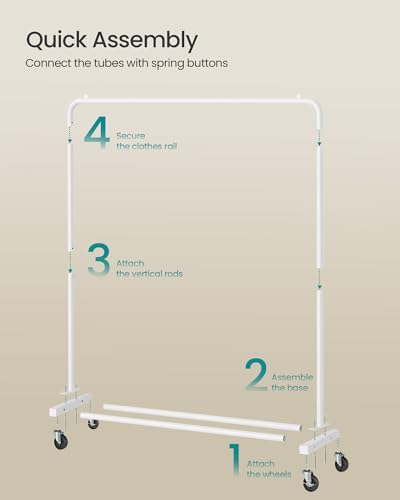 SONGMICS Clothes Rack, Garment Rack on Wheels, Coat Rack, 2 Lockable Wheels, Bedroom, Holds up to 50 kg, 38 x 110 x 141.5 cm, Matte White HSR016WG01 - Image 5