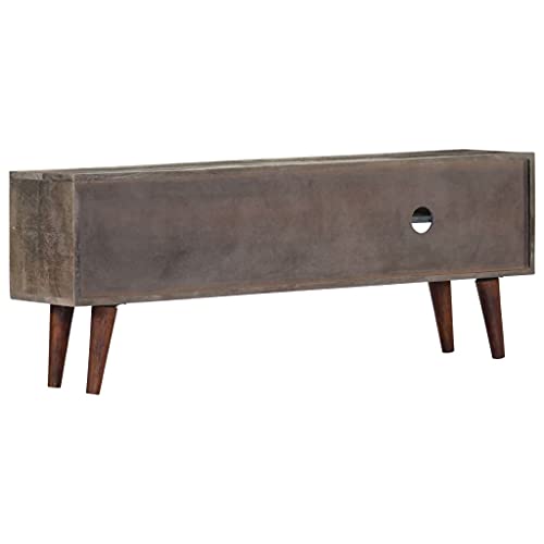 Vorpalize Meuble TV gris 130 x 30 x 46 cm en bois massif de manguier rugueux avec 2 portes et compartiments, buffet poli et laqué pour salon