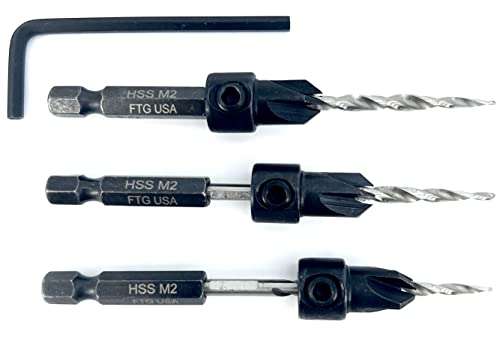 Image of FTG USA #6 (9 /64 inch) Wood Countersink Drill Bit 3-Pc Set with Hex Key | Convenient 3-pack of identical tapered bits for woodworking. Includes 1 Allen wrench hex key for easy adjustments