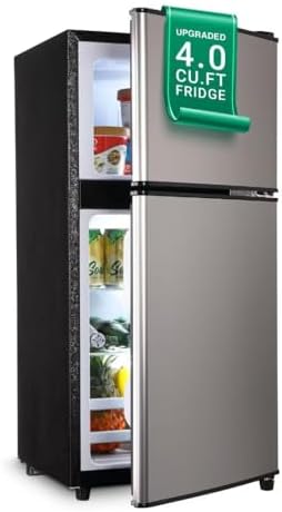 Apartment Size Refrigerator, 4.0 Cu.Ft Samll Refrigerator with Freezer Suitable for Apartment, Office, Kitchen, Dorm, Compact Refrigerator with 7 Temperature Modes, Double Door, Silver