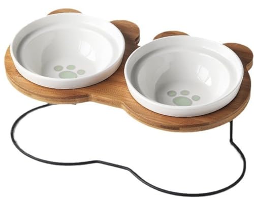 YAKINO フードボウル 猫 犬 食器 給餌トレイ ペット用 飲水器 食器 テーブル 高さ 傾斜 陶器 鉄 竹 スタンド (猫の手,ラック1つとボウル2つ)